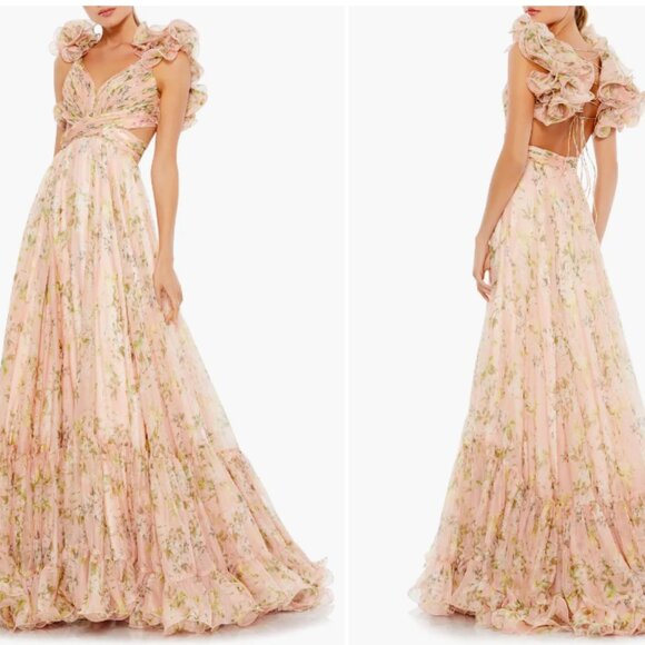 MAC DUGGAL 67803 RUFFLE TIERED FLORAL CUTOUT CHIFFON PINK MULTI GOWN 2 - Picture 6 of 6